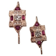 Classic Art Deco Style Inspired Earrings w/ Diamonds and Rubies in 14k Rose Gold