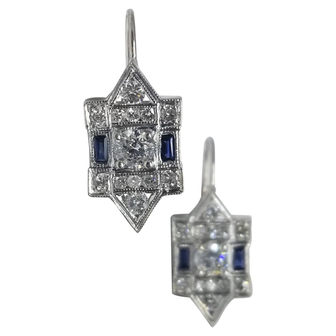Classic Art Deco Style Inspired Earrings with Beautiful Diamonds and Sapphire S For Sale