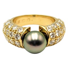 Custom Designed Pave Diamond and Black Pearl Cathedral Style 18K Gold Ring