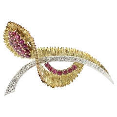 Vintage 14k 2 Tone Gold Diamond and Ruby Brooch