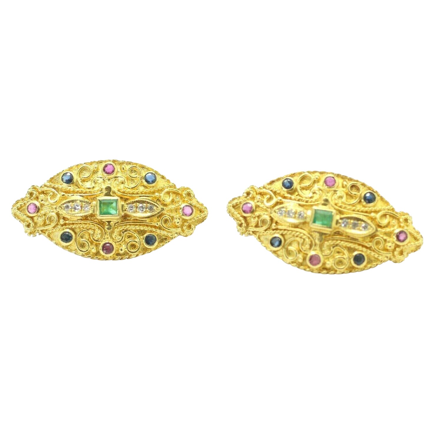 Estate Vintage Gemstones and Diamond Clip on Earrings in 18k Yellow Gold
