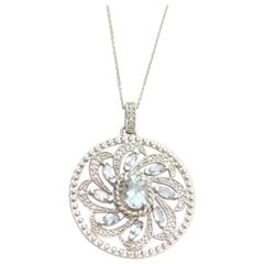 Elegant Oval Aquamarine and Diamonds Circle Flower in 14k White Gold