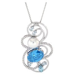 Diamonds London Blue Topaz & Aquamarines White Freshwater Pearl 14K Gold Pendant