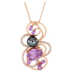 Diamonds Pink Sapphires Amethysts Black Tahitian Pearl 14K Rose Gold Pendant