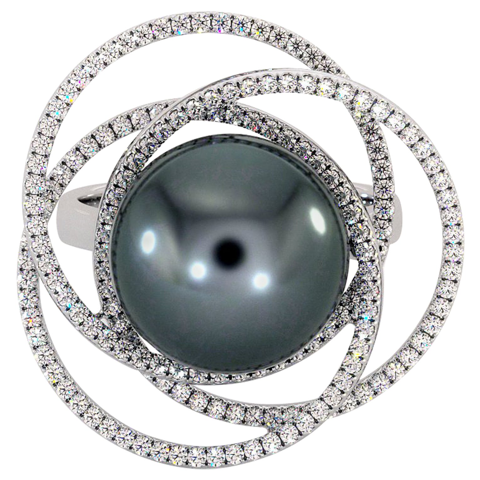 For Sale:  18K White Gold Black Tahitian Pearl Diamonds Ring