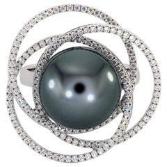 18K White Gold Black Tahitian Pearl Diamonds Ring