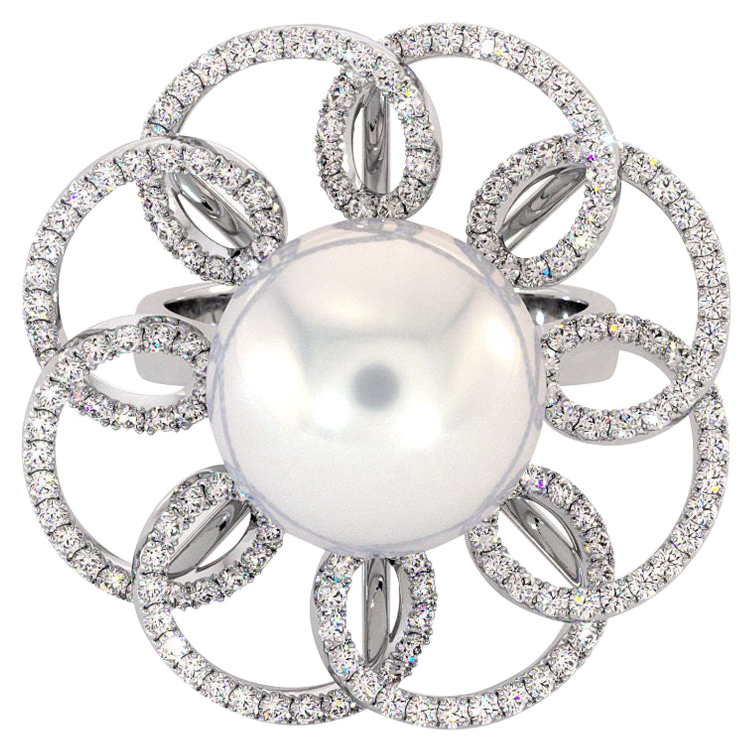 For Sale:  18K White Gold White South Sea Pearl Diamonds Ring by Emilia Lekarrier Certified