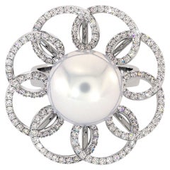 18K White Gold White South Sea Pearl Diamonds Ring by Emilia Lekarrier Certified