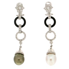 Handcraft Diamonds Pearls Onix 18 Kt White Gold Drop Earring