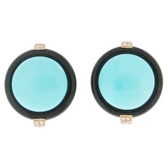 Handcraft 14 Karat Yellow Gold Diamonds Turquoise Onix Stud Earring