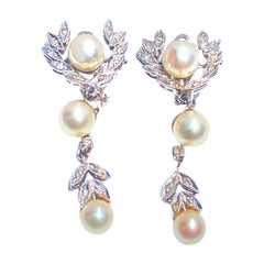 South Sea Pearl and Round-Cut Diamond 14K Gold "Flower" Motif Drop Earrings