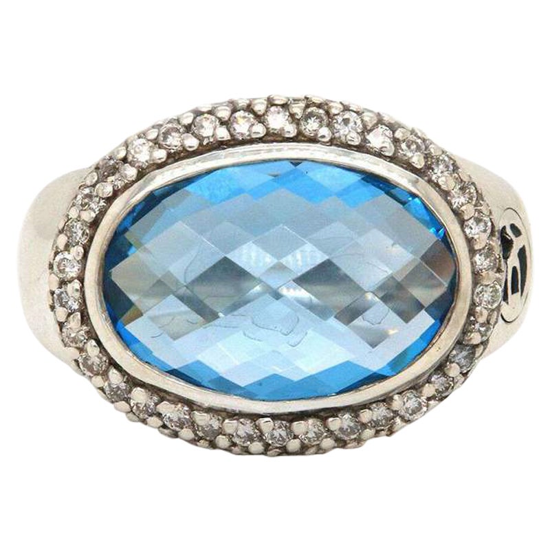 David Yurman Blue Topaz and Diamond Signature Oval Ring in Sterling Silver
