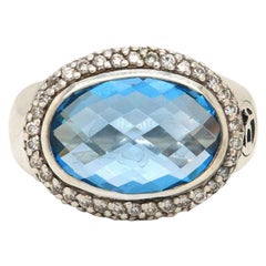 David Yurman Blue Topaz and Diamond Signature Oval Ring in Sterling Silver