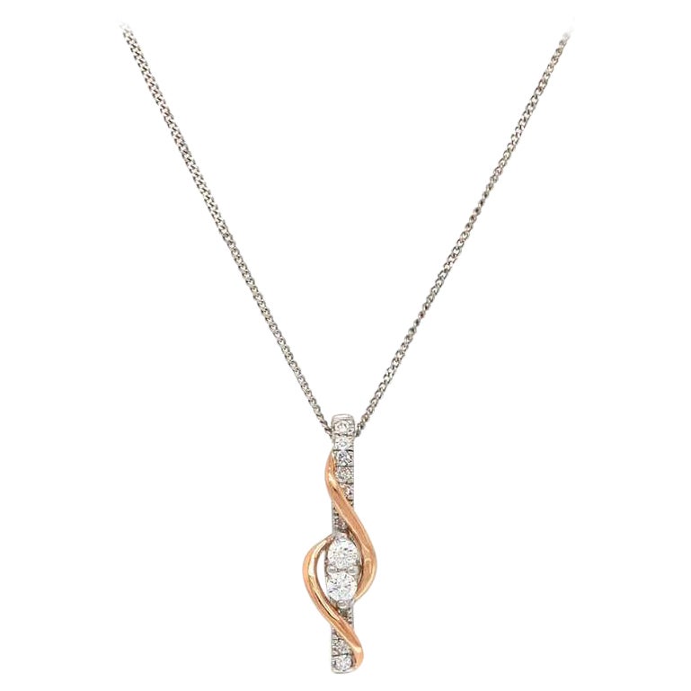 Ever Us Two Tone Diamond Linear Swirl Pendant Necklace in 14K White & Rose Gold For Sale