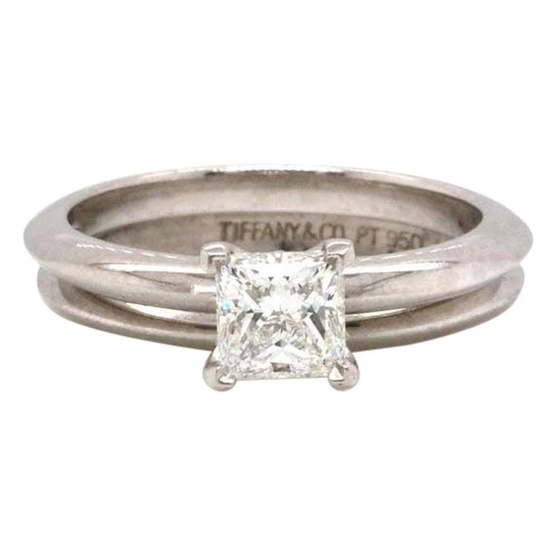 Tiffany & Co. 0.71 CT Princess Diamond Solitaire Knife Edge Bridal Set Platinum For Sale