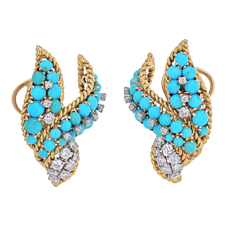 David Webb 18K Yellow Gold Turquoise and Diamond Earrings For Sale