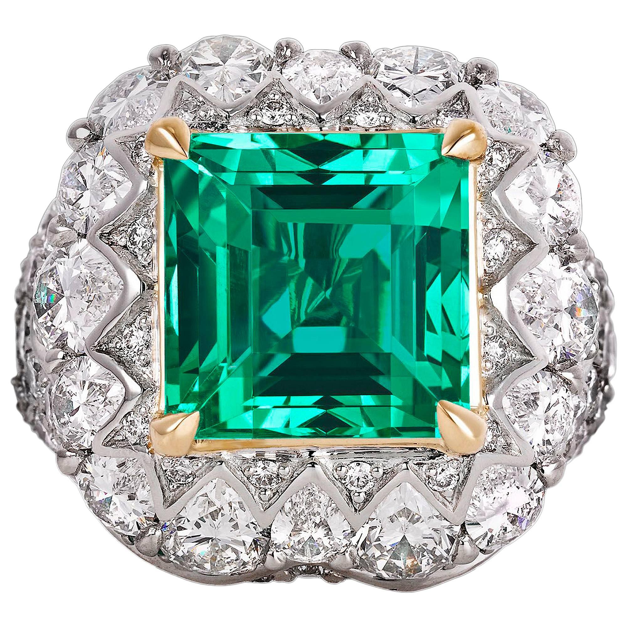 Untreated 5.66 Carat Colombian Emerald Diamond Gold Ring