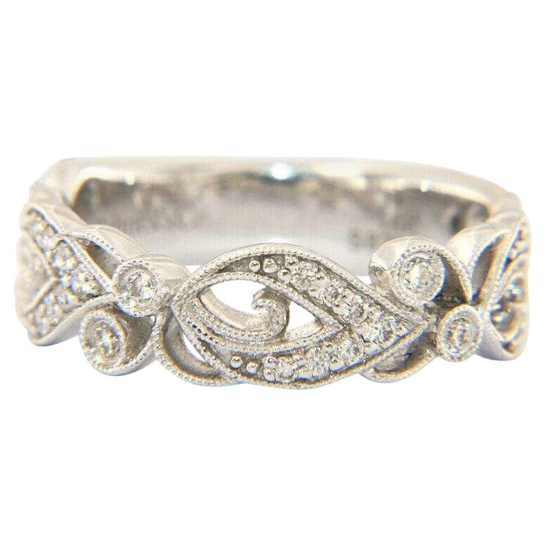 New Gabriel & Co. Diamond Milgrain Floral Band Ring in 14K White Gold For Sale