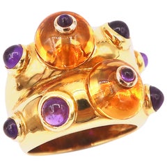 Cabochon Citrine and Amethyst 18 Karat Yellow Gold Double Convex Ring