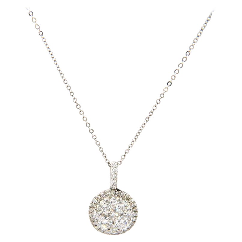 1.14ctw Diamond Cluster Halo Pendant Necklace in 14K White Gold For Sale