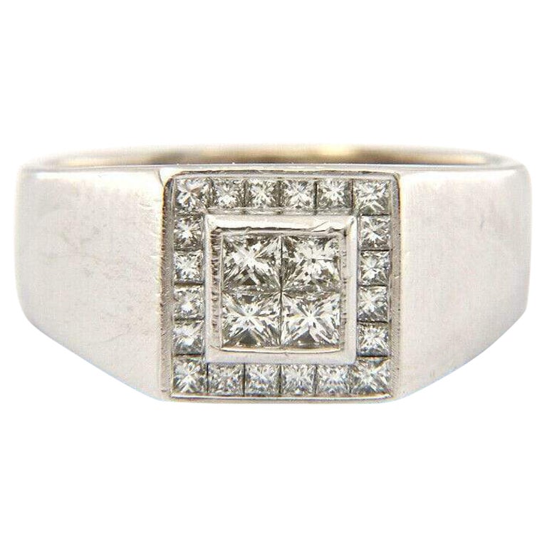 Gents Invisible Princess Diamond Square Frame Signet Ring in 14K White Gold For Sale