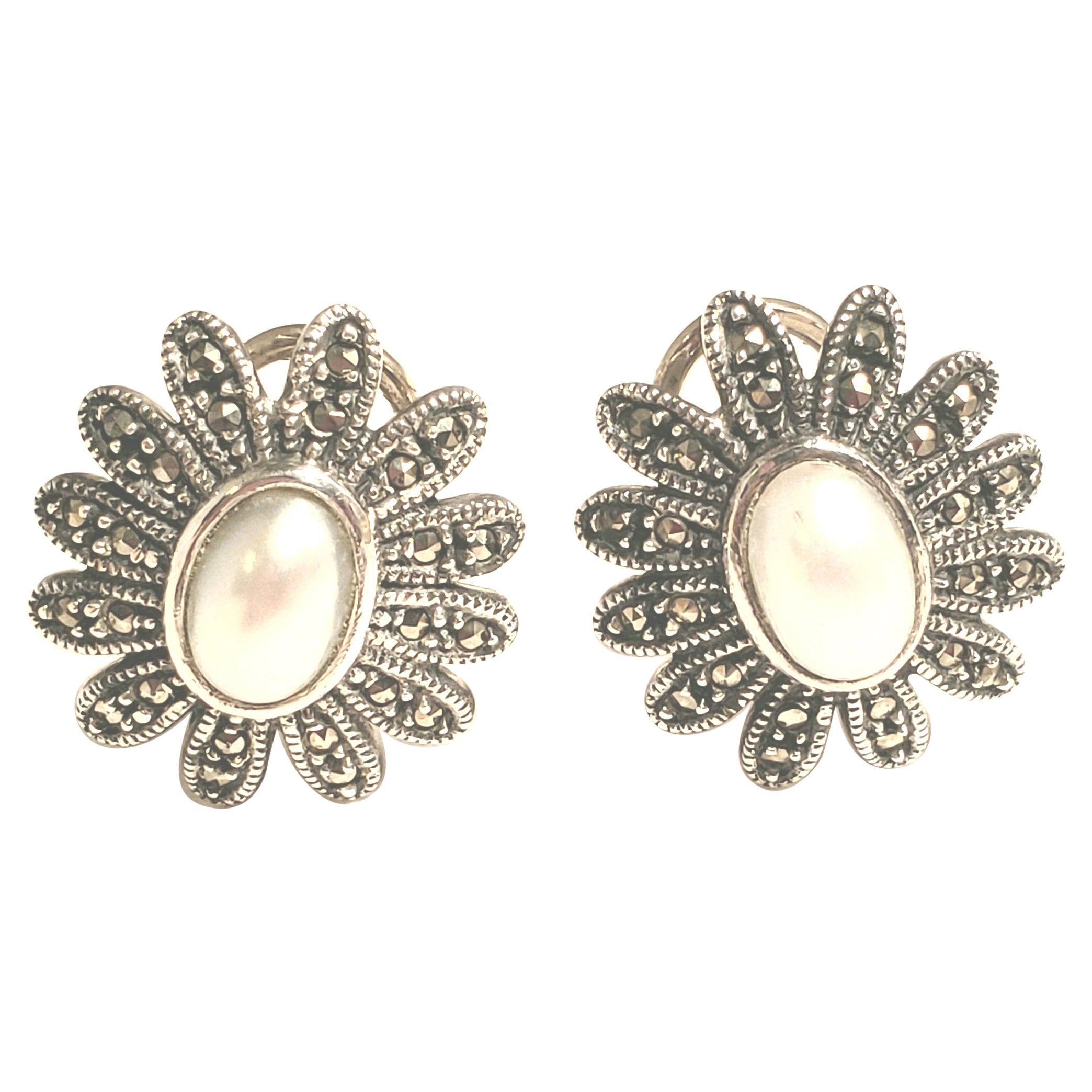 Judith Jack Sterling Silver Marcasite and Pearl Daisy Earrings For Sale