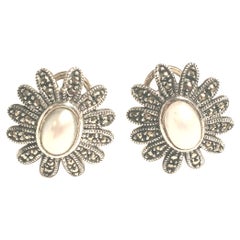 Vintage Judith Jack Sterling Silver Marcasite and Pearl Daisy Earrings