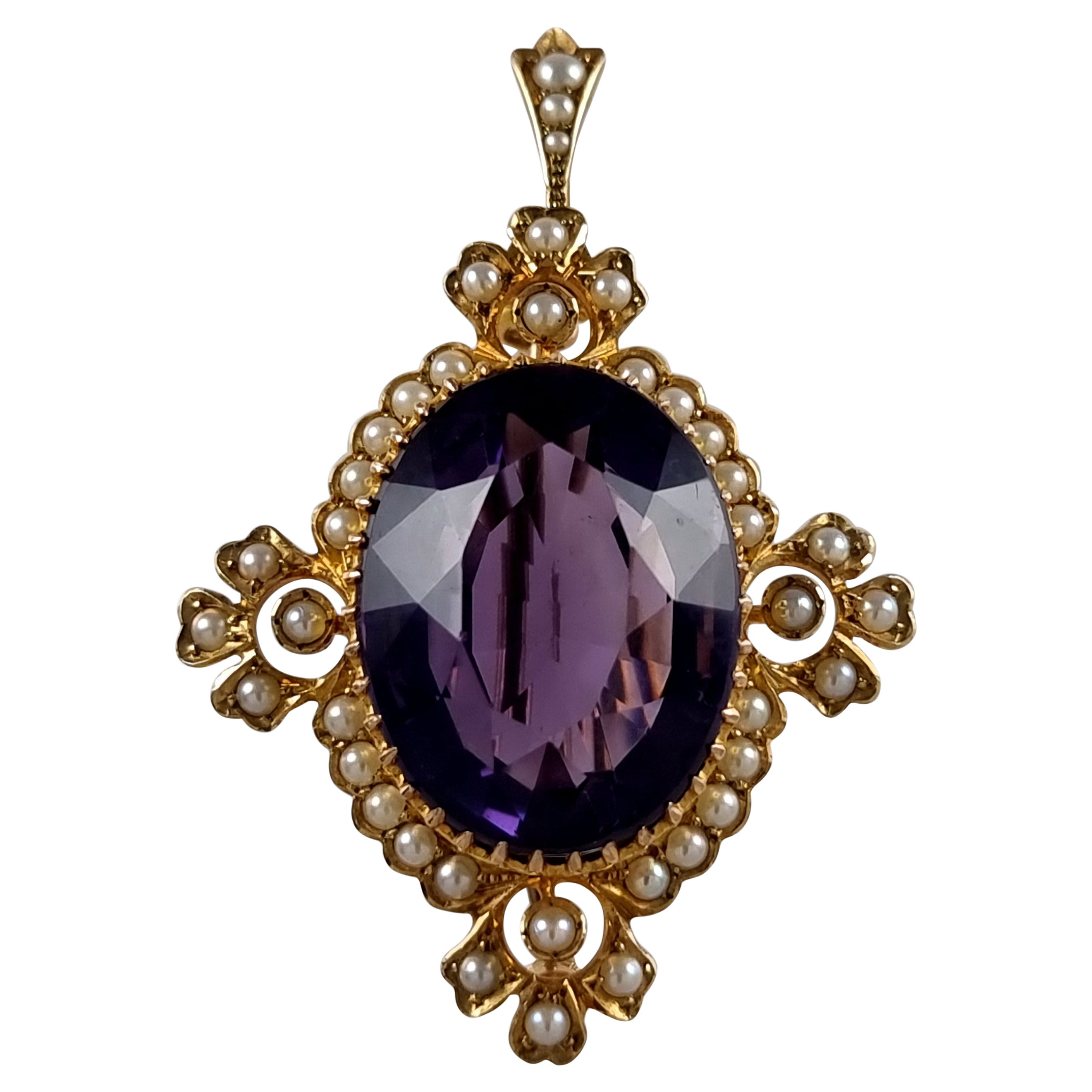 Edwardian 15ct Gold Amethyst and Seed Pearl Pendant Brooch
