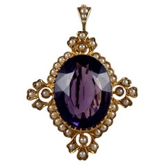 Antique Edwardian 15ct Gold Amethyst and Seed Pearl Pendant Brooch