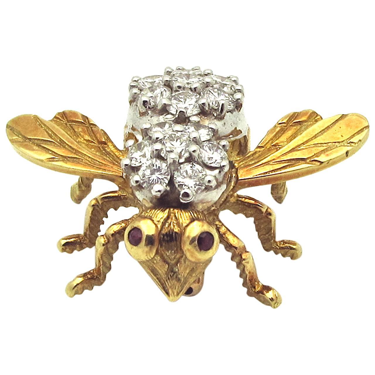 1960s Ruby Diamond Gold Bee Pin For Sale