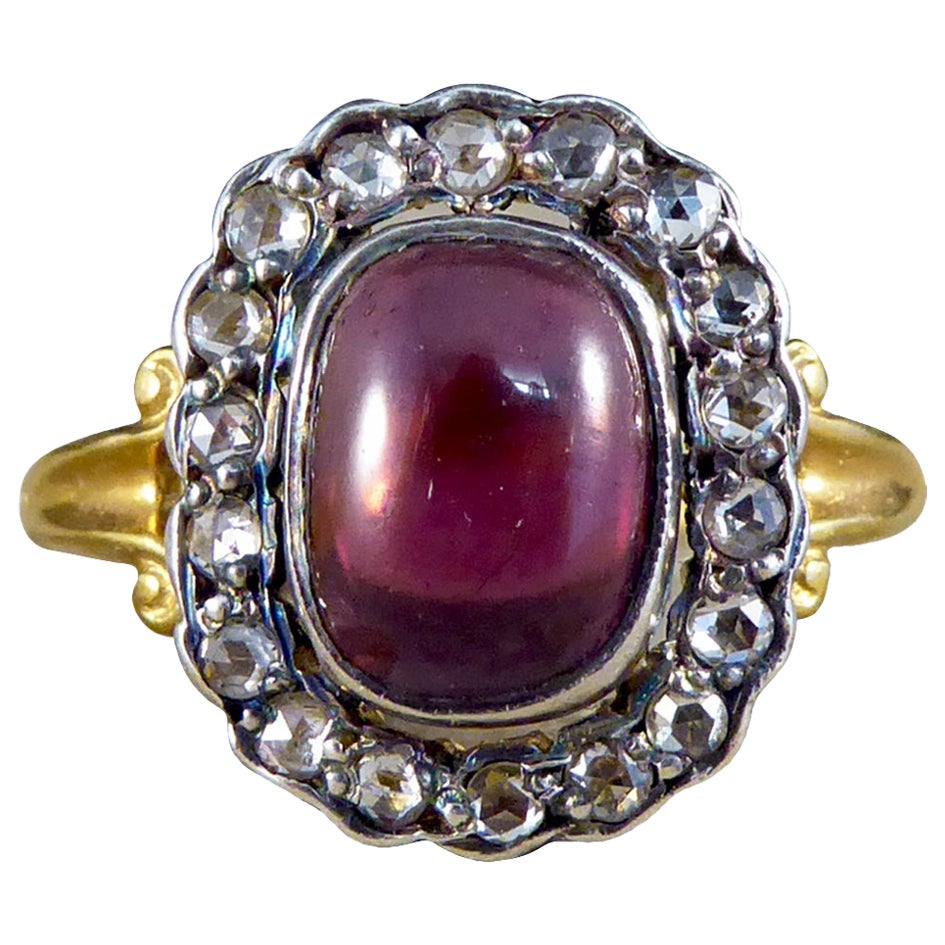 Antique Style Cabochon Garnet and Diamond Cluster Ring in 18ct Yellow Gold For Sale
