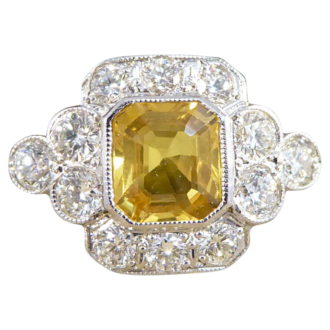1.15ct Asscher Cut Yellow Sapphire and Diamond Cluster Ring in Platinum