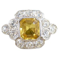 1.15ct Asscher Cut Gelber Saphir und Diamant Cluster Ring in Platin