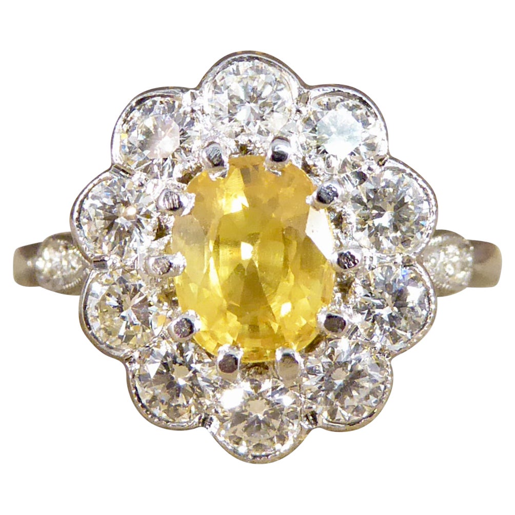 Edwardian Style Yellow Sapphire and Diamond Cluster Ring in Platinum