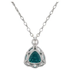 Trillion Shape Bluish Green Tourmaline & Diamond Pendant in 18K White Gold