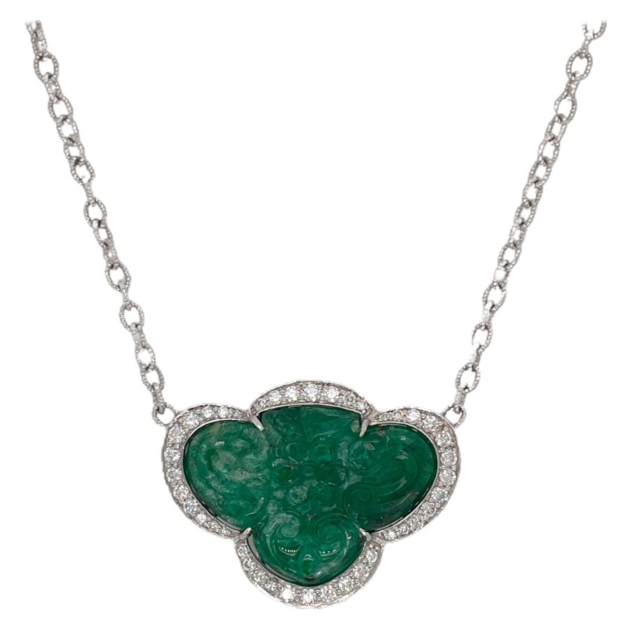 Floral Carved Emerald & Diamond Pendant in 18K White Gold For Sale
