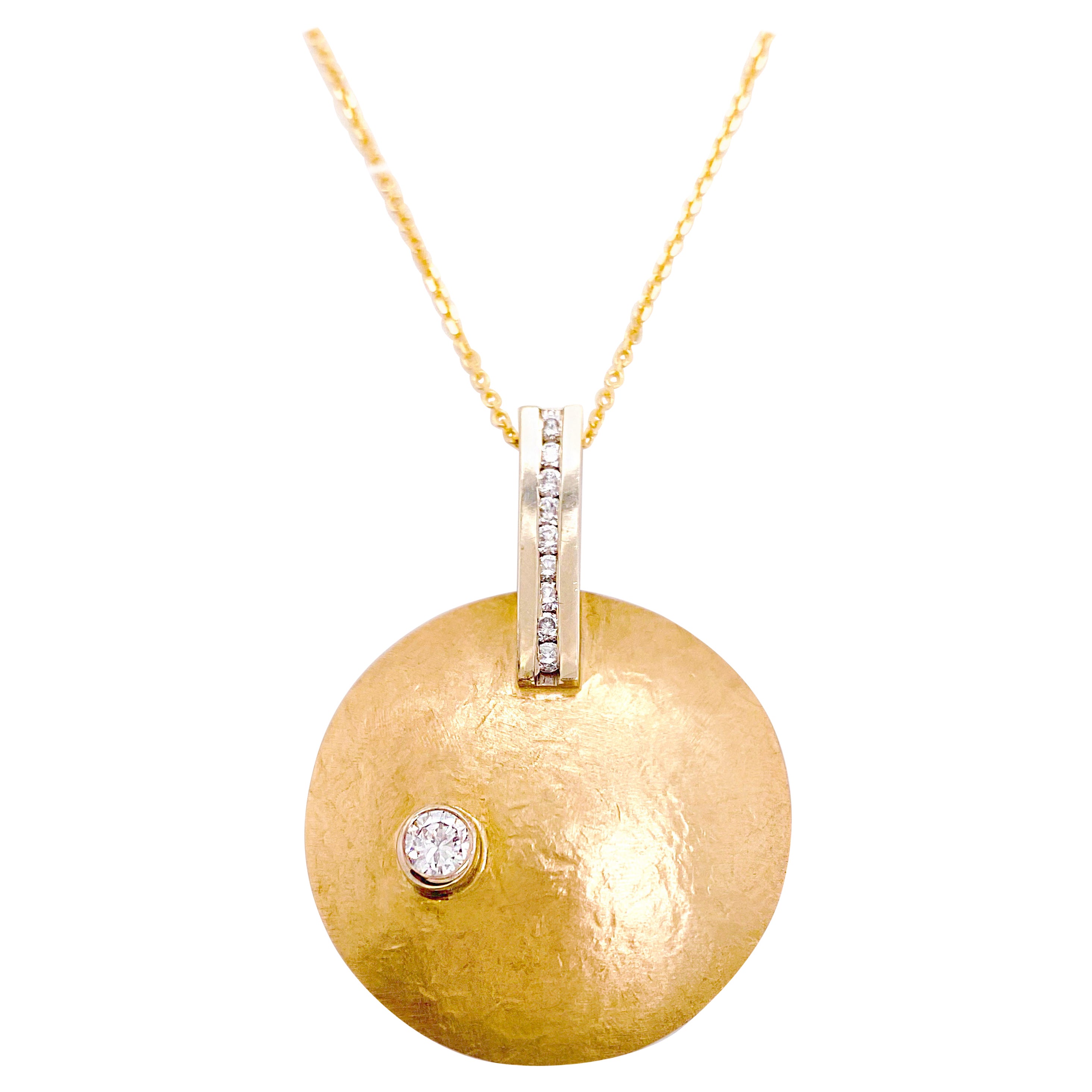 Gold Disk Diamond Pendant Necklace, Yellow Gold, Hammered Circle Pendant For Sale