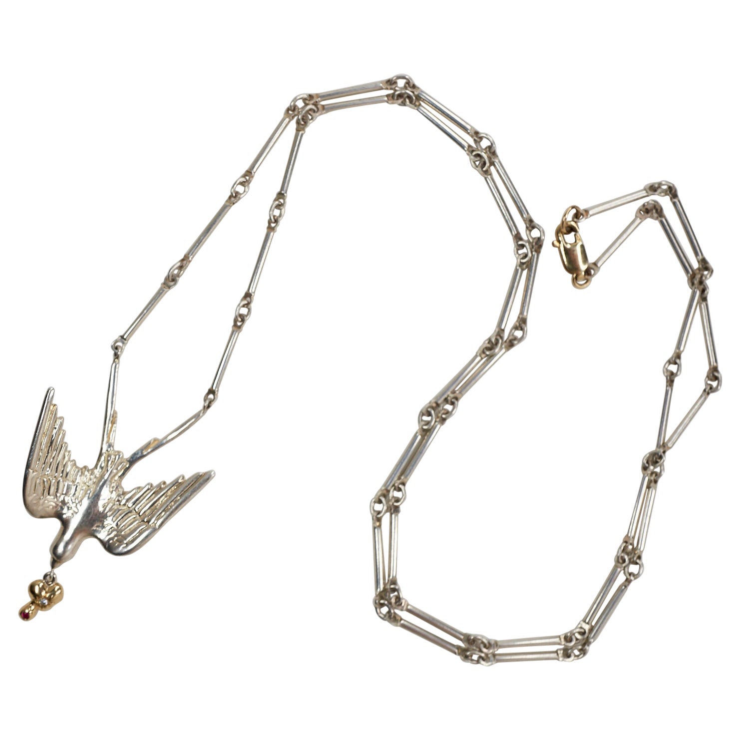 Chaîne collier en forme de col de colombe en argent sterling massif avec diamants blancs, rubis et or