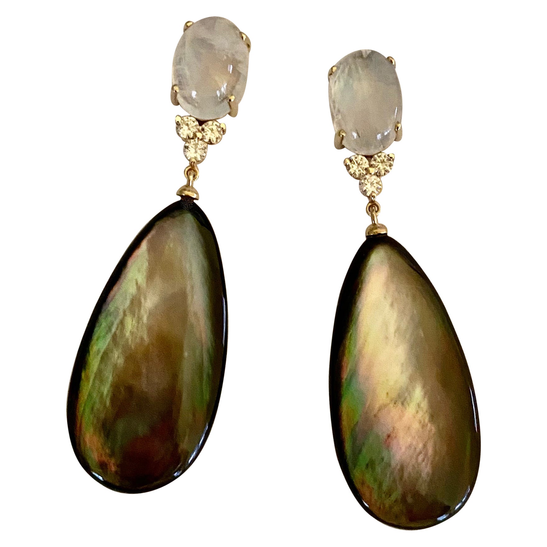 Michael Kneebone Moonstone Diamond Black Mother of Pearl Dangle Earrings For Sale