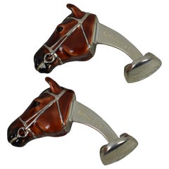 Modern English Sterling Silver and Enamel Equestrian Horse Head Cufflinks