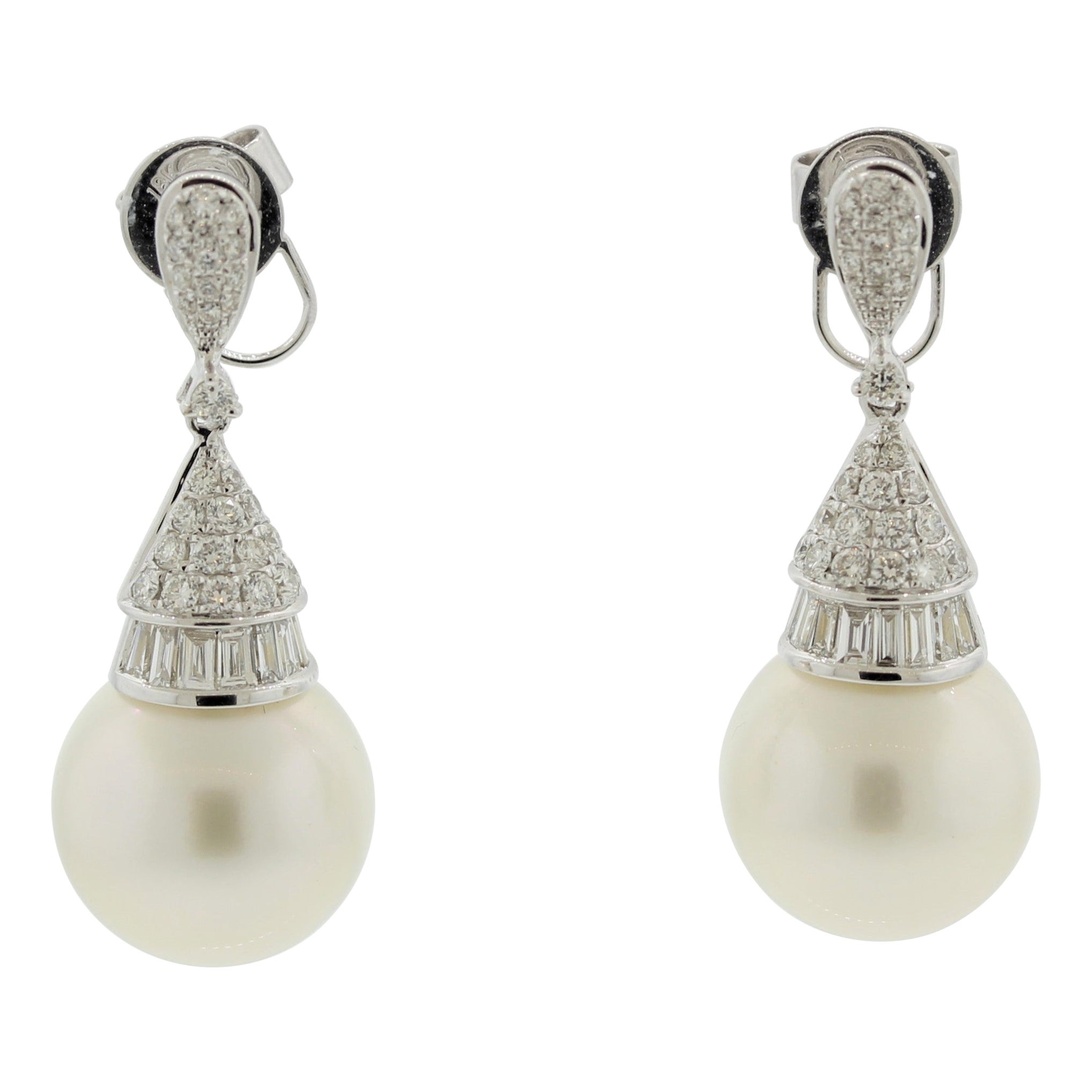 Fine South Sea Pearl Diamond Gold Drop Dangle Earrings For Sale