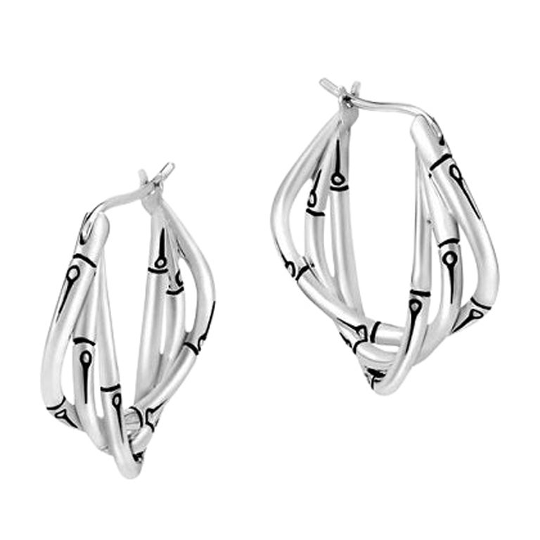 John Hardy Bamboo Silver Hoop Ladies Earring EB50042 For Sale