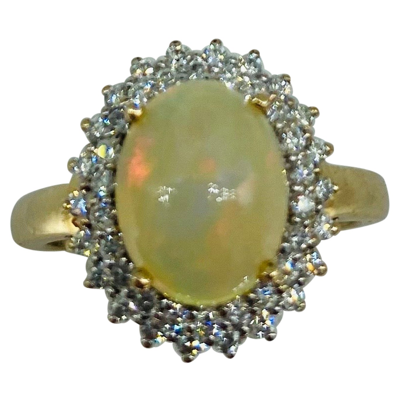 Vintage 2.20 Carat Opal & Diamonds Cluster Ring