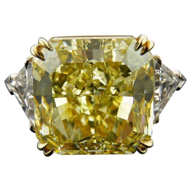 GIA Certified 20.11 Carat Radiant Cut Fancy Yellow Diamond Platinum Ring