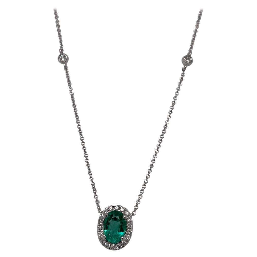 18 Karat White Gold Oval Emerald & Diamond Necklace