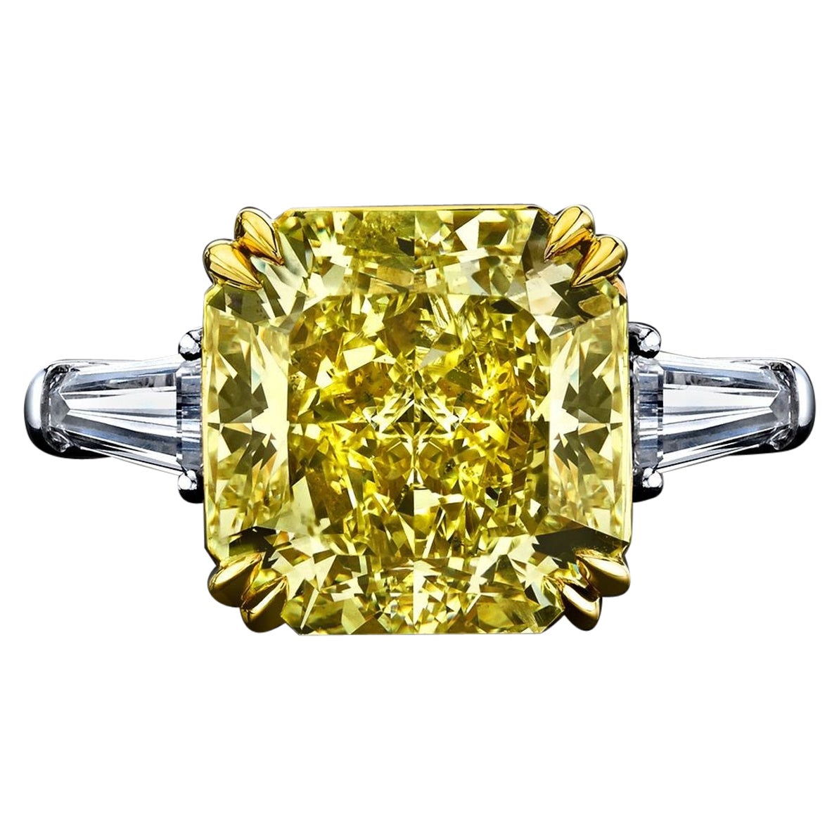GIA Certified Emerald Cut Fancy Vivid Yellow Diamond Cocktail Ring in