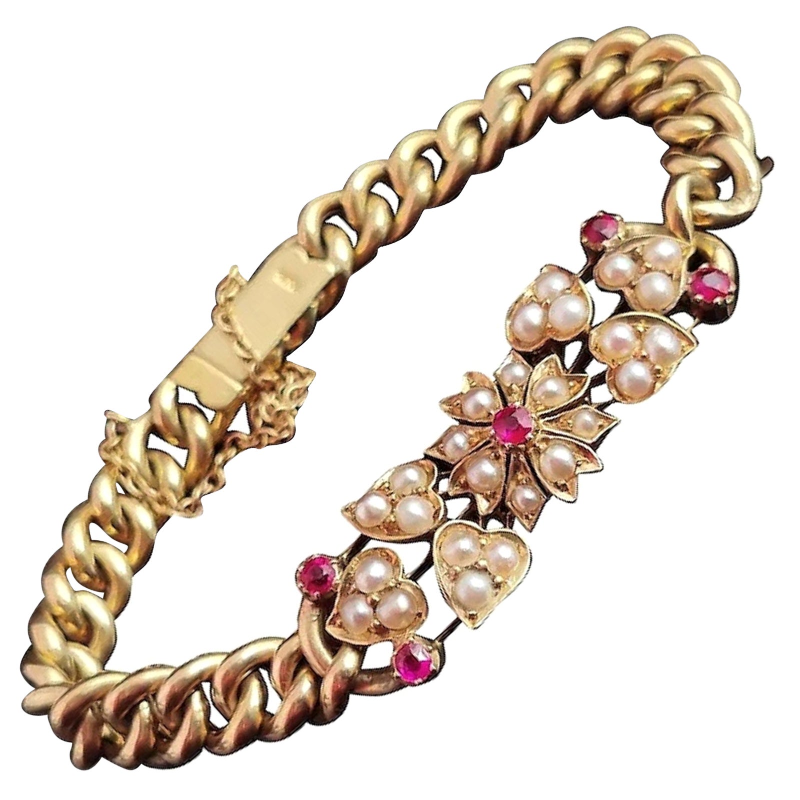Antique 15 Karat Yellow Gold Curb Bracelet, Ruby and Pearl, Floral, Edwardian