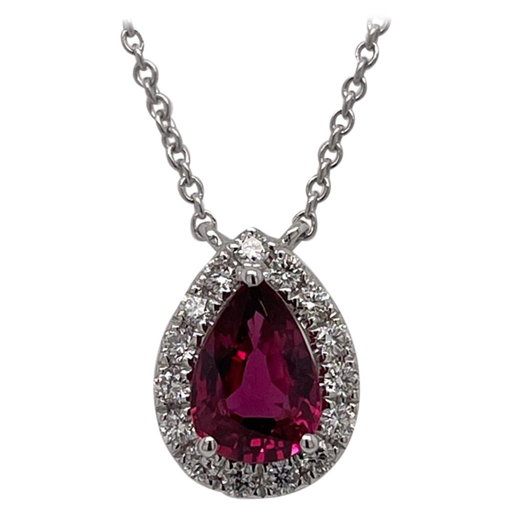 18 Karat White Gold Fine Pear Shape Ruby & Diamond Necklace For Sale