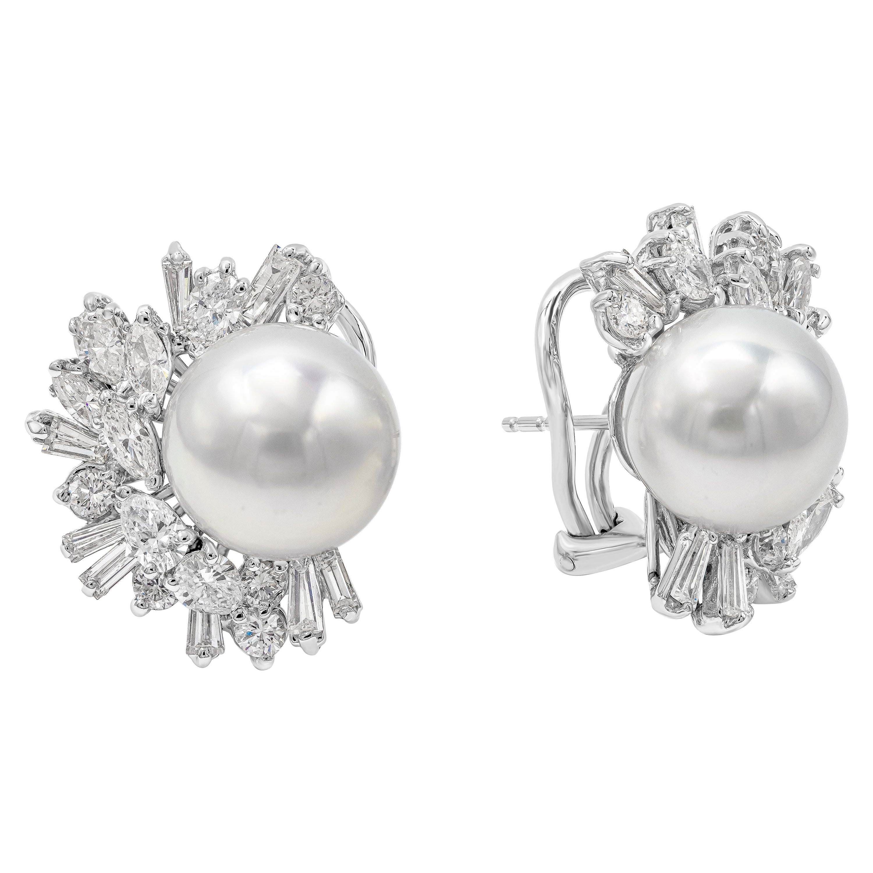 Roman Malakov 7.30 Carats Total Mixed Cut Diamond and White Pearl Clip Earrings