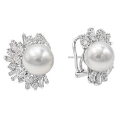 Roman Malakov 7.30 Carats Total Mixed Cut Diamond and White Pearl Clip Earrings